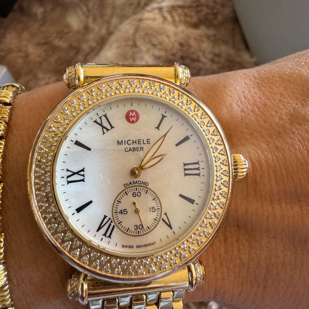 Michele Caber Gold Tone Diamond Bezel MOP Dial 37mm Quartz Womens Watch - Picture 7 of 11